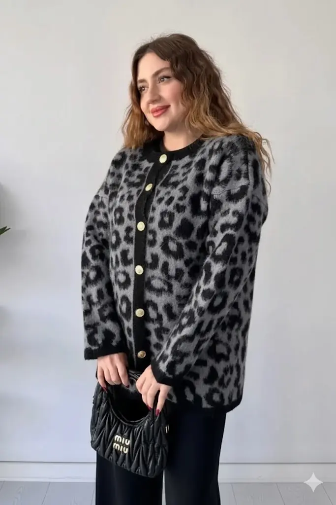 Leopar Düğmeli Hırka